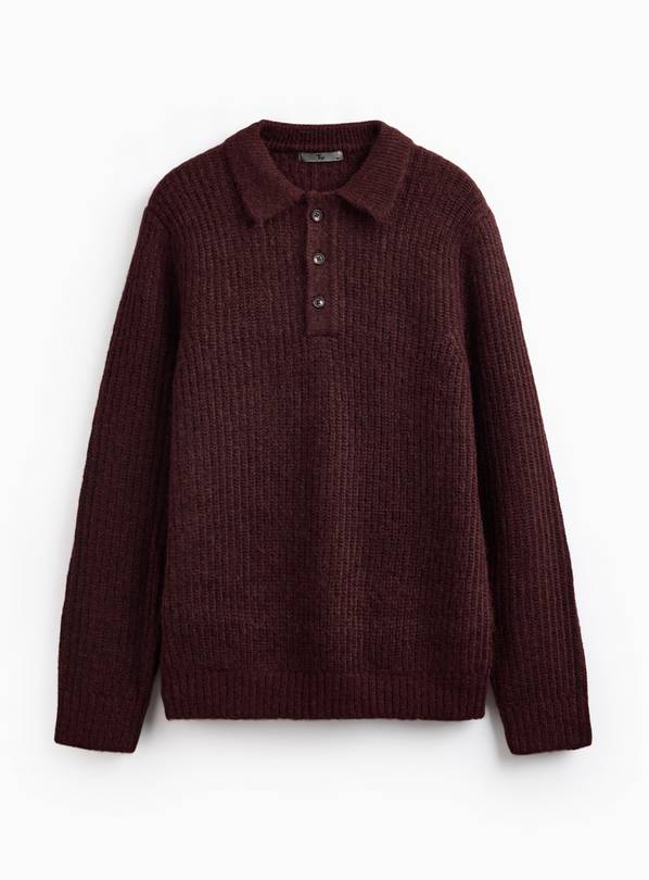Dark Red Wool Blend Long Sleeve Polo L